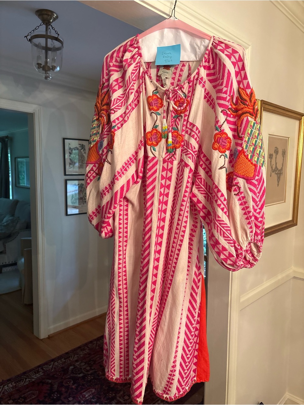 Farm Rio XL Bohemian Embroidered Maxi Midi Dress in Pink & Orange - Picture 2 of 2